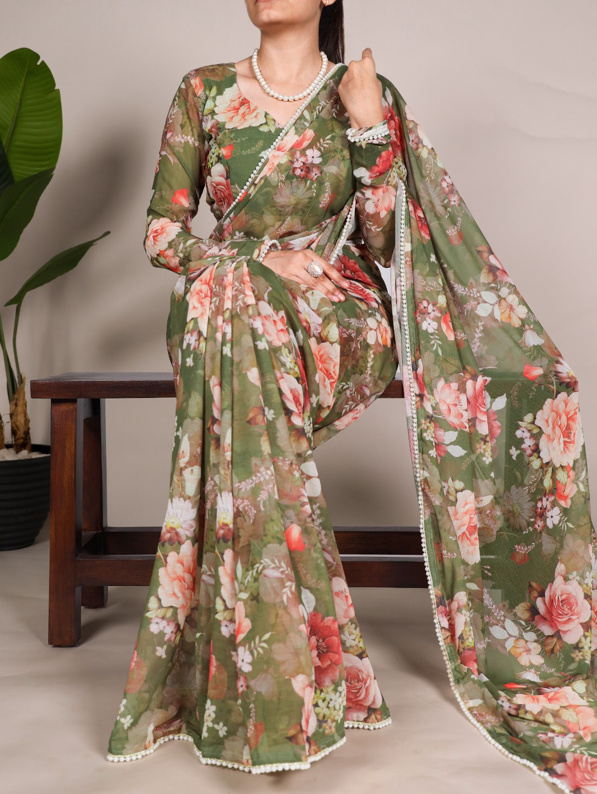 Radiant Georgette Floral Digital Printed Pearl Lace Worked Saree - INDIAN ELEGANCE