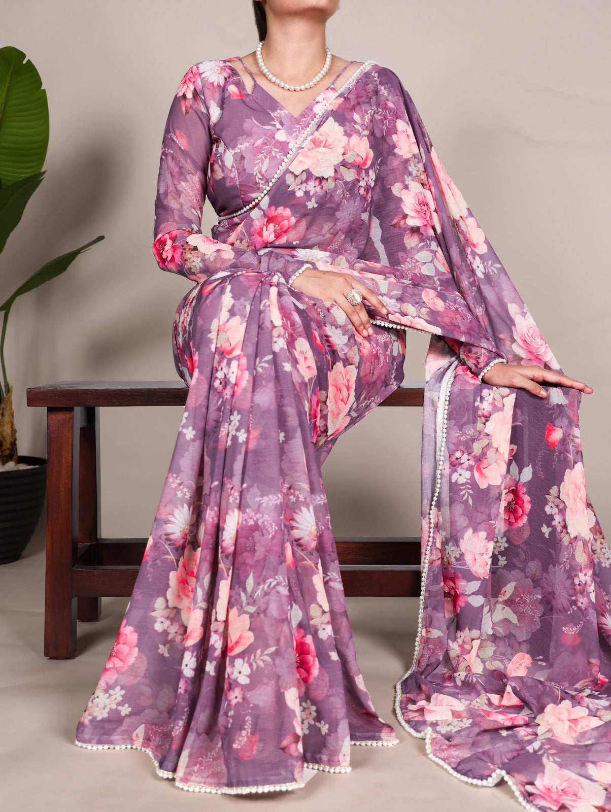 Radiant Georgette Floral Digital Printed Pearl Lace Worked Saree - INDIAN ELEGANCE