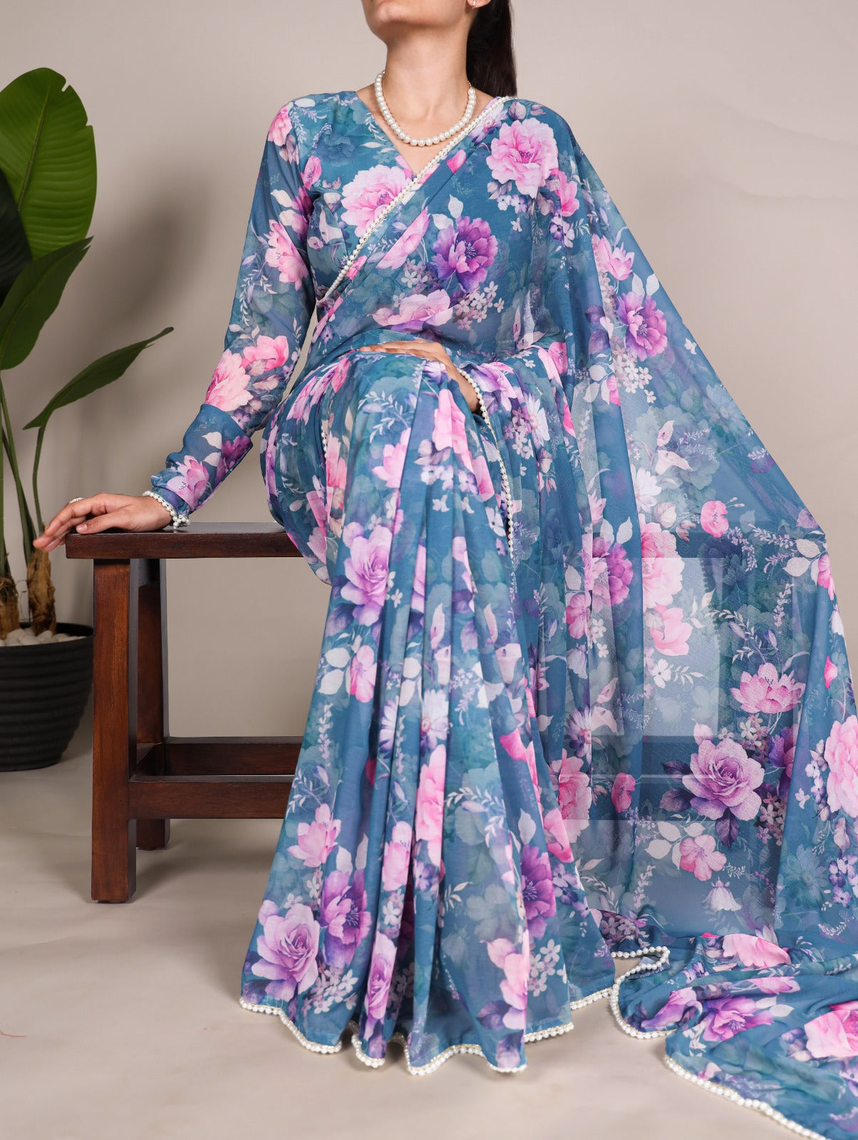 Radiant Georgette Floral Digital Printed Pearl Lace Worked Saree - INDIAN ELEGANCE