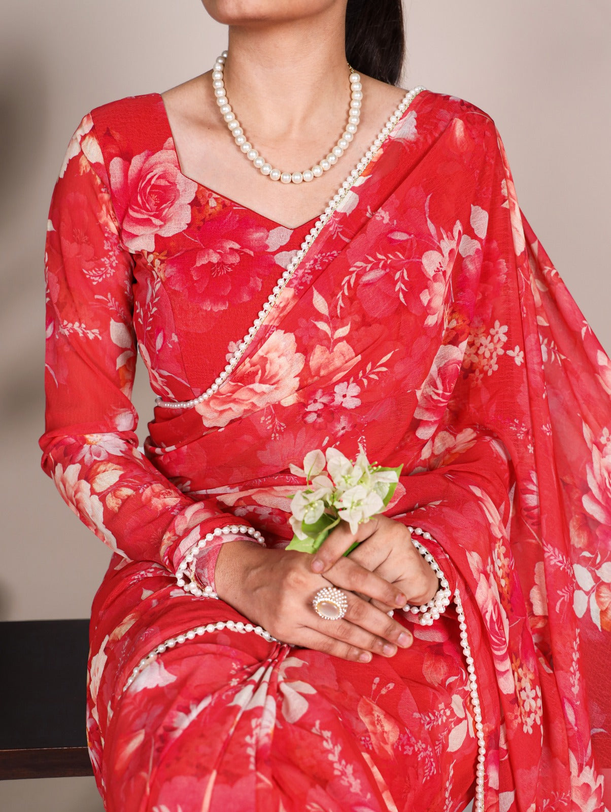 Radiant Georgette Floral Digital Printed Pearl Lace Worked Saree - INDIAN ELEGANCE