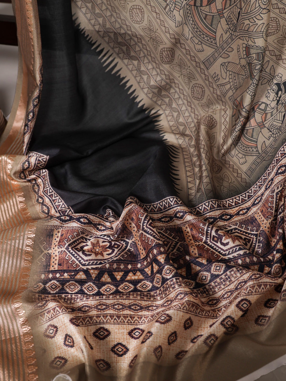 Fabulous Chikoo Tussar Silk Viscose Border Worked Printed Saree - INDIAN ELEGANCE