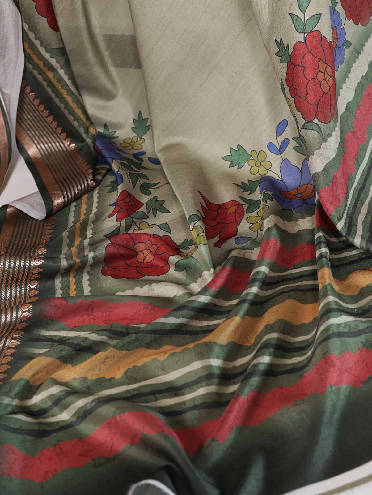 Divine Mehendi Green Tussar Silk Viscose Border Worked Printed Saree - INDIAN ELEGANCE