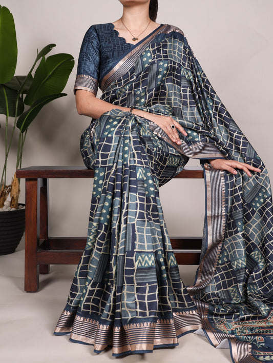 Luminous Navy Blue Tussar Silk Viscose Border Worked Printed Saree - INDIAN ELEGANCE