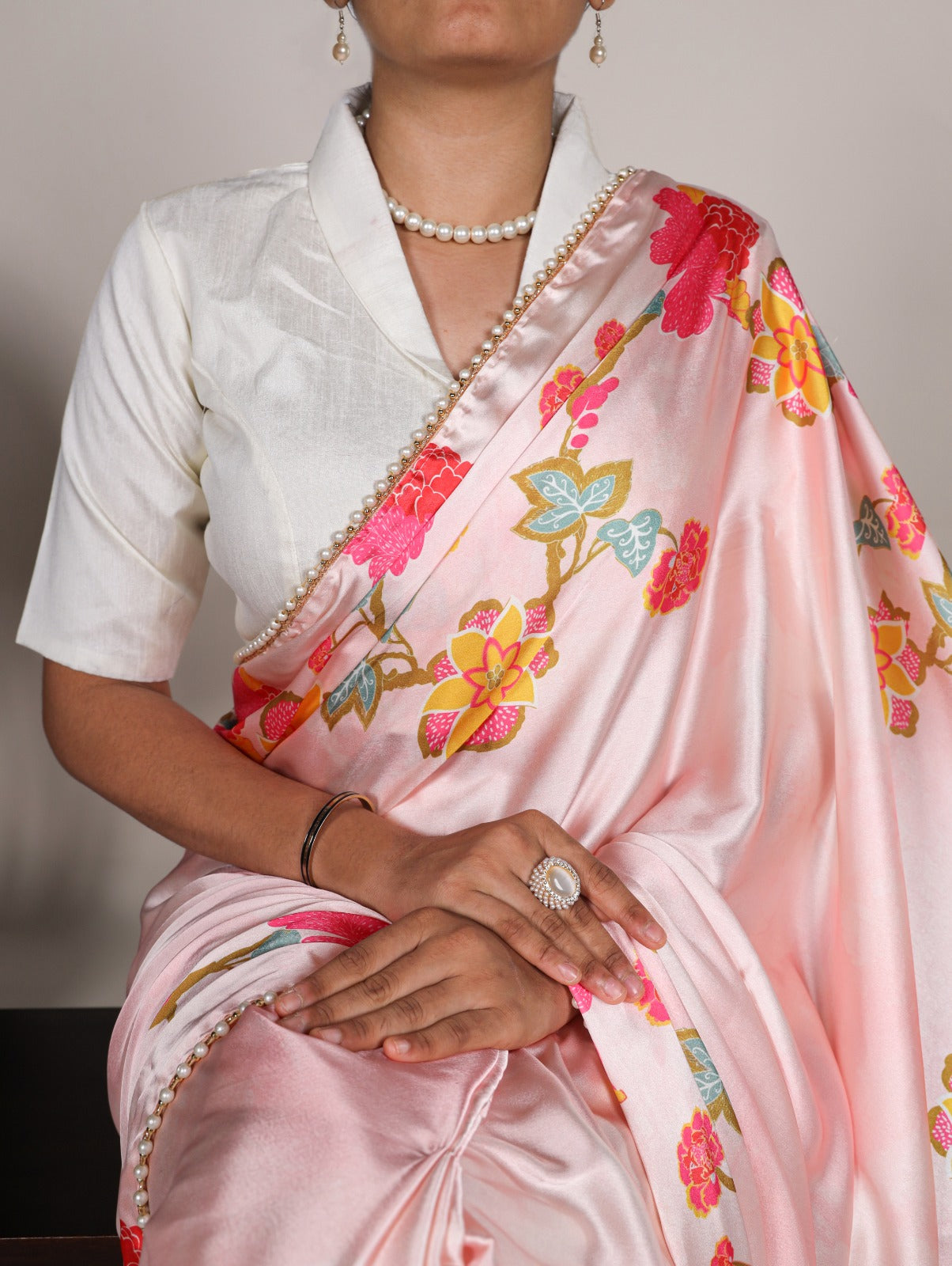 Stylish Light Pink Satin Silk Floral Printed Pearl Lace Border Saree - INDIAN ELEGANCE