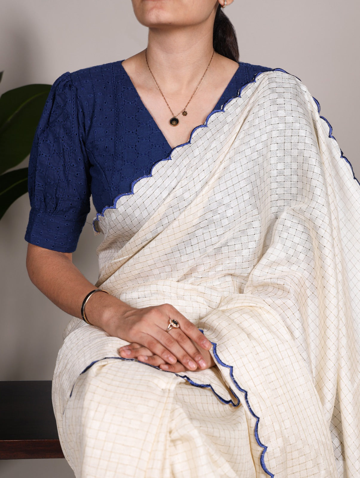Spectacular White Gadhawal Chex Arca Worked Saree With Lucknowi Blouse - INDIAN ELEGANCE