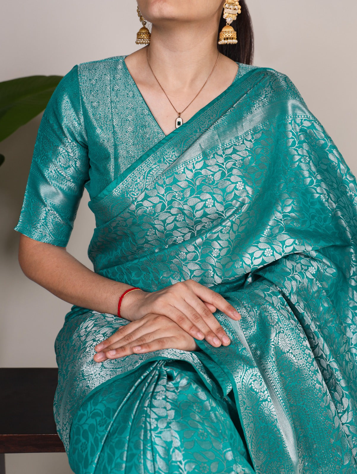 Graceful Firozi Kanjivaram Silk Zari Weaving Worked Saree - INDIAN ELEGANCE