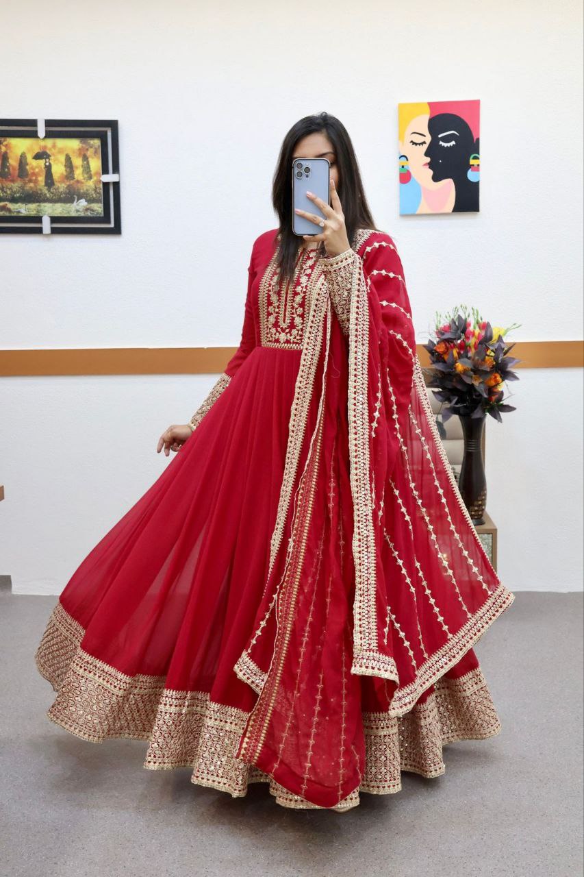 Breathtaking Faux Georgette Sequins Cording Worked Designer Gown - INDIAN ELEGANCE