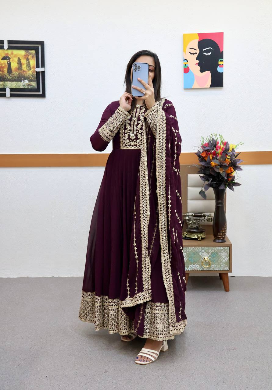 Breathtaking Faux Georgette Sequins Cording Worked Designer Gown - INDIAN ELEGANCE