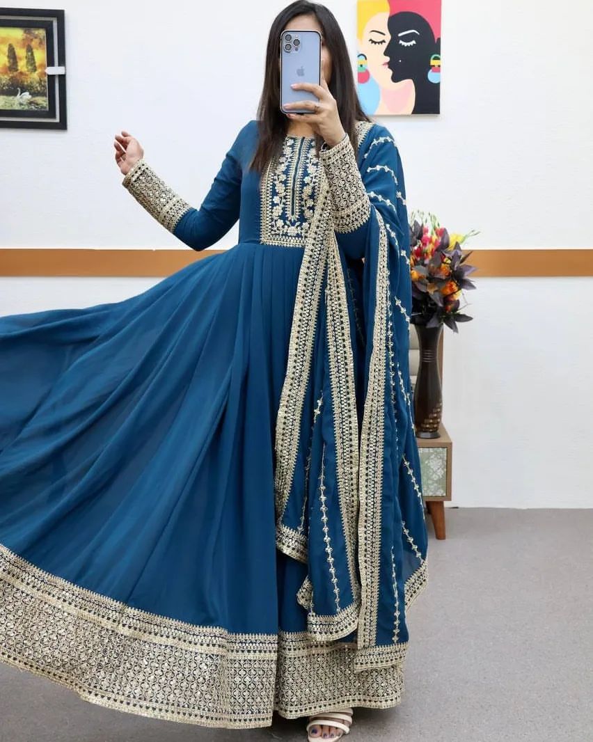 Breathtaking Faux Georgette Sequins Cording Worked Designer Gown - INDIAN ELEGANCE