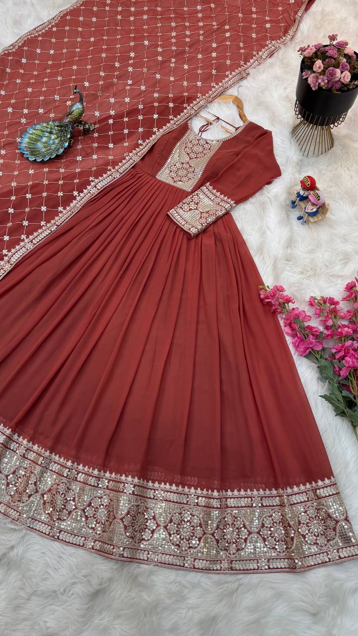 Breathtaking Faux Georgette Sequins Cording Worked Designer Gown - INDIAN ELEGANCE