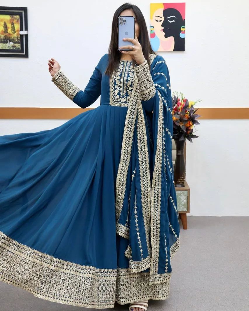 Breathtaking Faux Georgette Sequins Cording Worked Designer Gown - INDIAN ELEGANCE