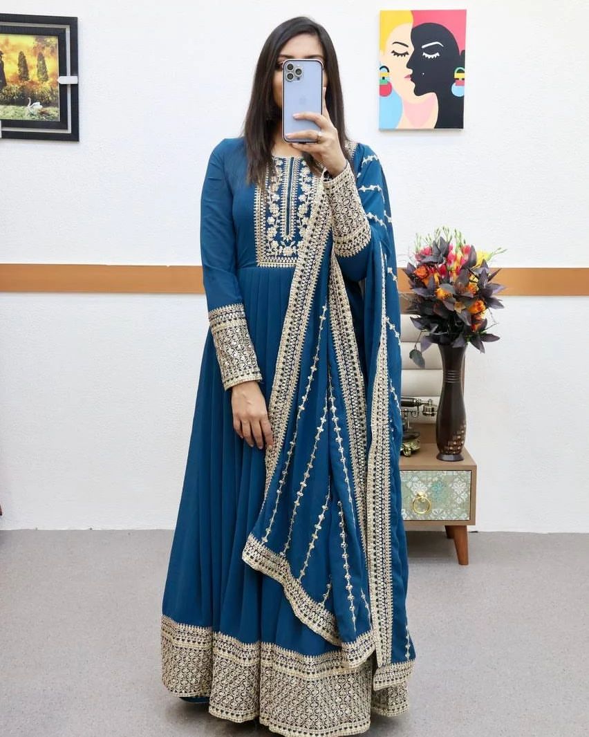 Breathtaking Faux Georgette Sequins Cording Worked Designer Gown - INDIAN ELEGANCE
