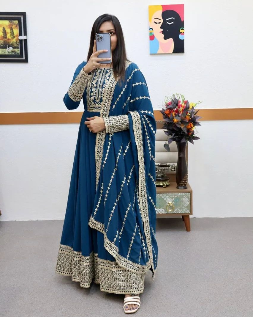 Breathtaking Faux Georgette Sequins Cording Worked Designer Gown - INDIAN ELEGANCE