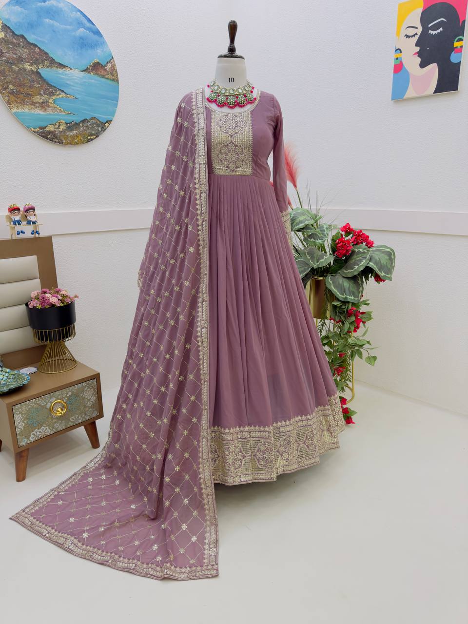 Breathtaking Faux Georgette Sequins Cording Worked Designer Gown - INDIAN ELEGANCE