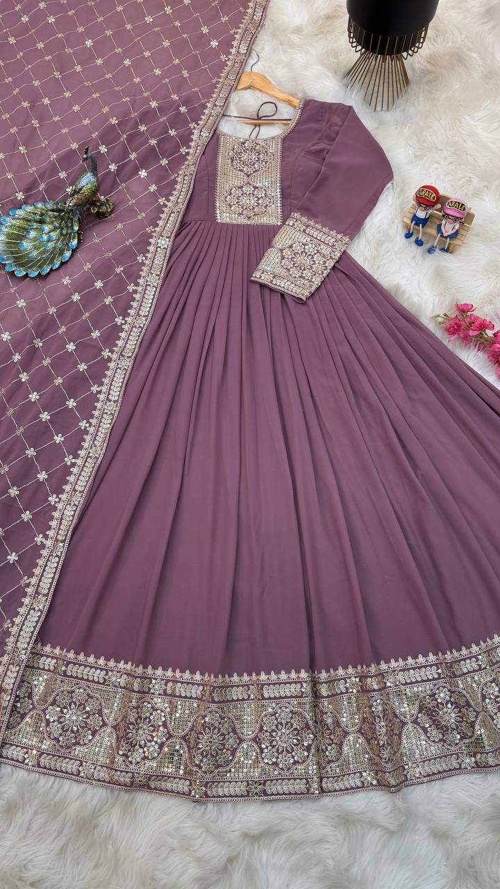 Breathtaking Faux Georgette Sequins Cording Worked Designer Gown - INDIAN ELEGANCE