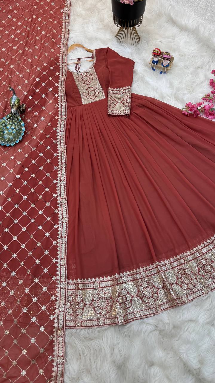 Breathtaking Faux Georgette Sequins Cording Worked Designer Gown - INDIAN ELEGANCE