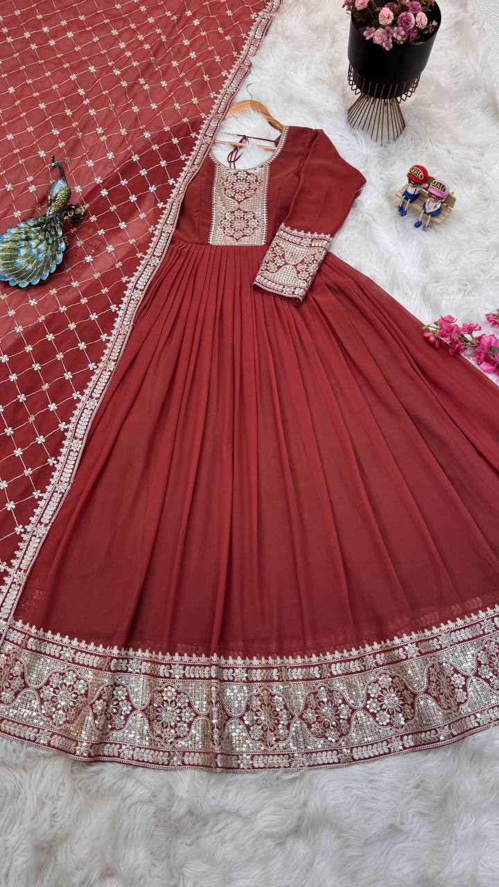 Breathtaking Faux Georgette Sequins Cording Worked Designer Gown - INDIAN ELEGANCE