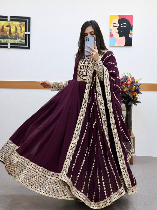 Breathtaking Faux Georgette Sequins Cording Worked Designer Gown - INDIAN ELEGANCE