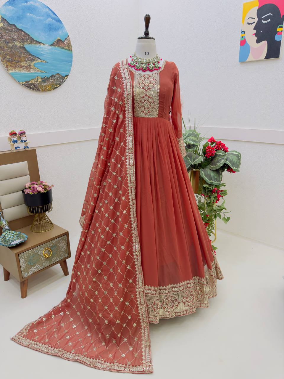 Breathtaking Faux Georgette Sequins Cording Worked Designer Gown - INDIAN ELEGANCE