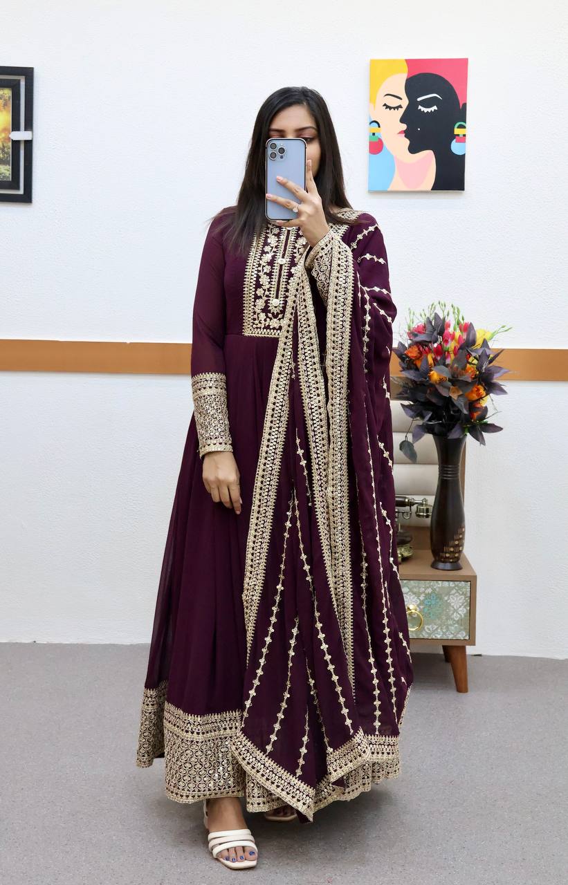 Breathtaking Faux Georgette Sequins Cording Worked Designer Gown - INDIAN ELEGANCE