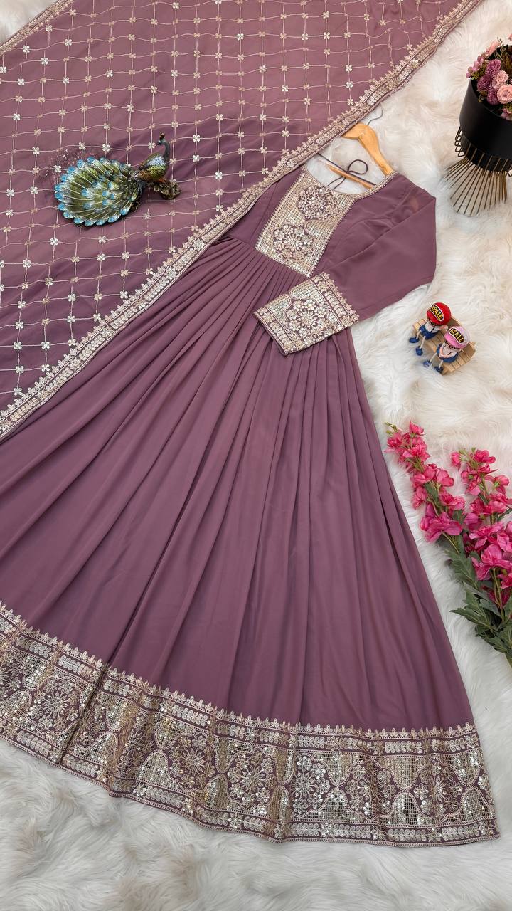Breathtaking Faux Georgette Sequins Cording Worked Designer Gown - INDIAN ELEGANCE
