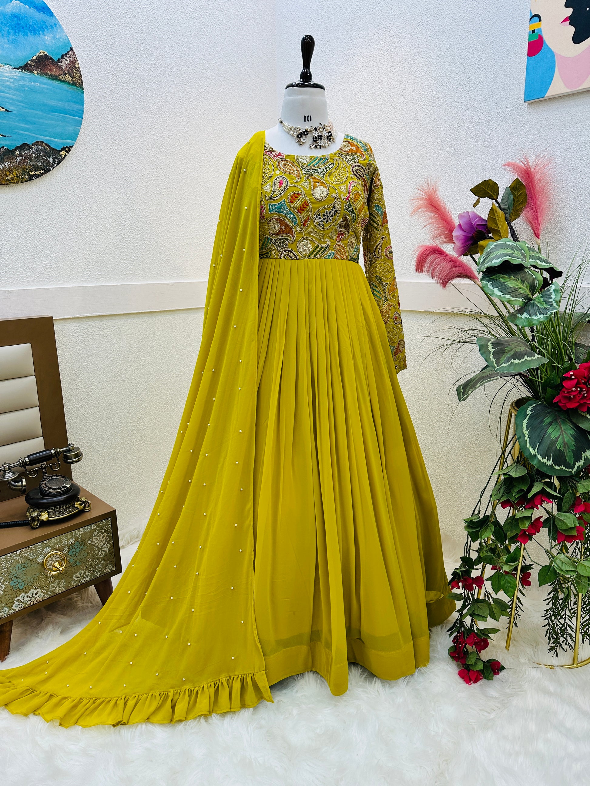 Breathtaking Faux Georgette Sequins Cording Worked Designer Gown - INDIAN ELEGANCE