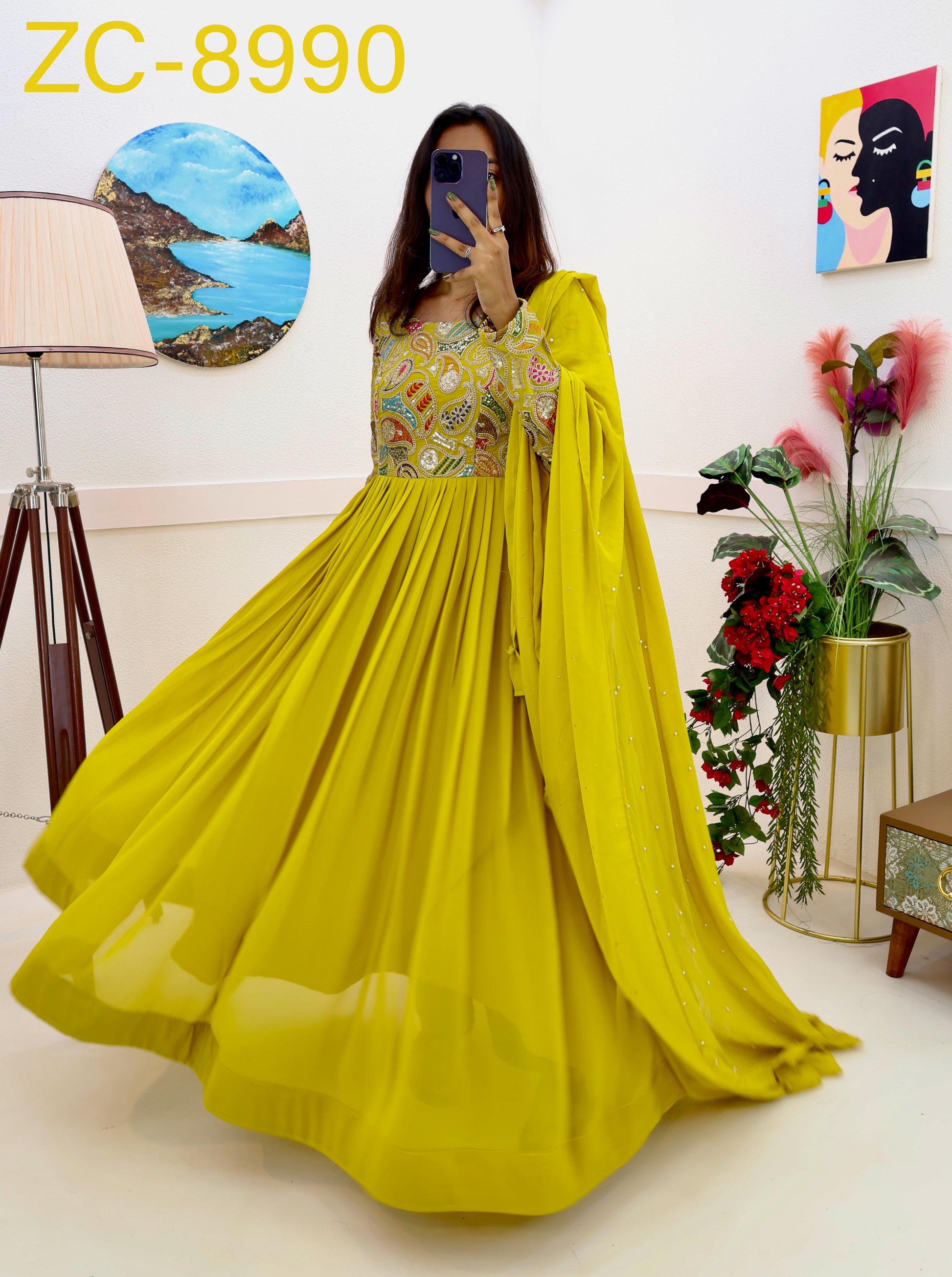 Breathtaking Faux Georgette Sequins Cording Worked Designer Gown - INDIAN ELEGANCE