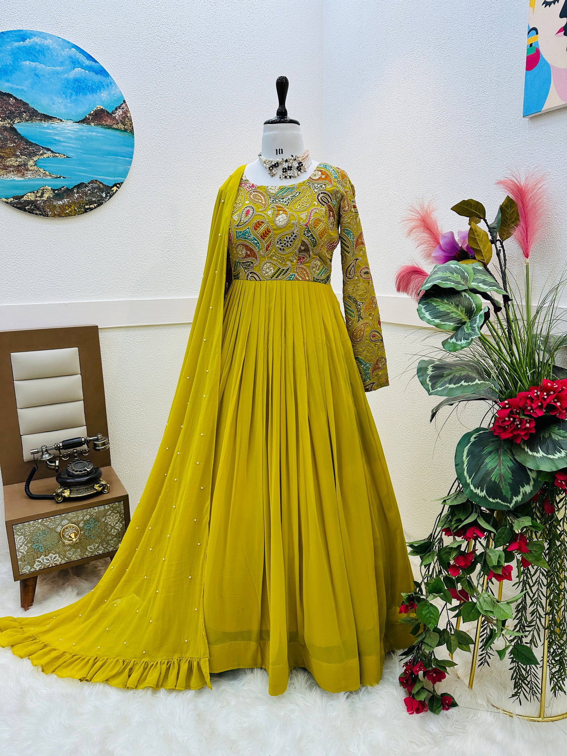 Breathtaking Faux Georgette Sequins Cording Worked Designer Gown - INDIAN ELEGANCE
