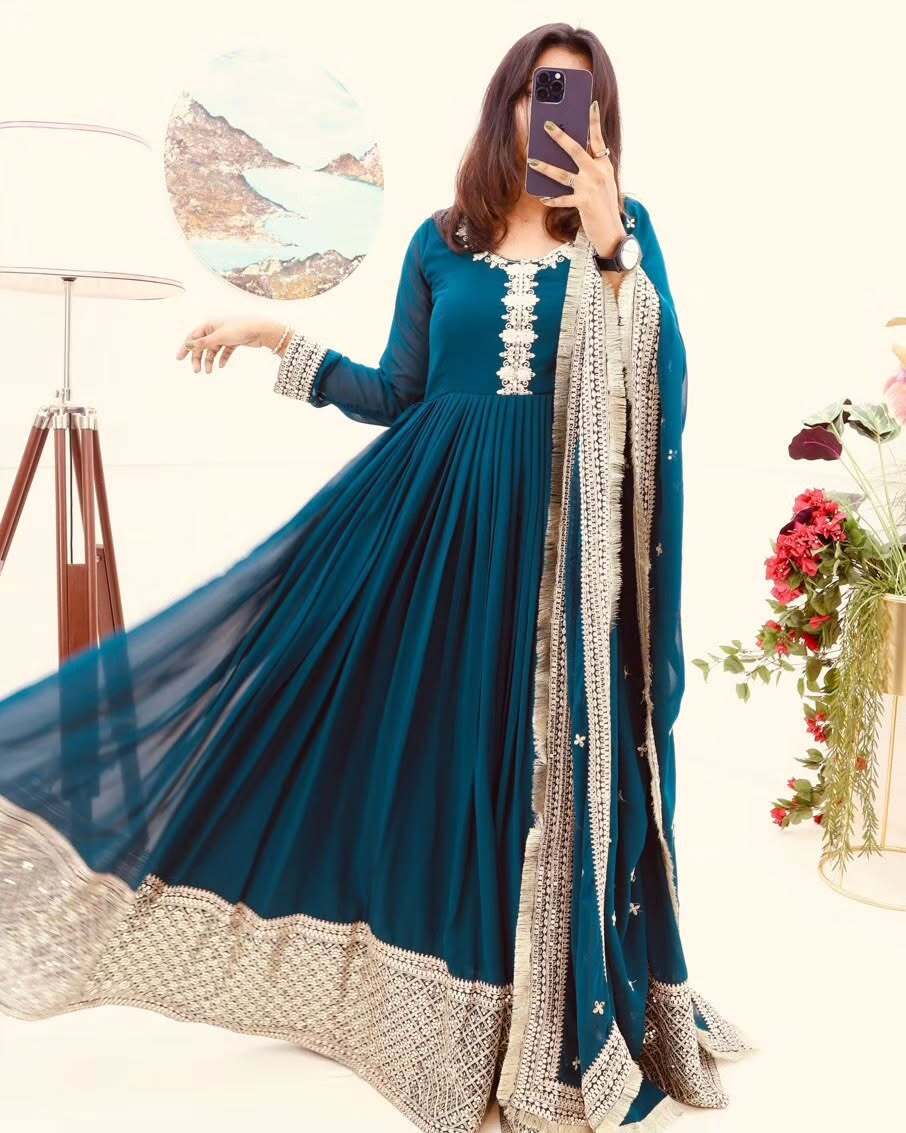 Breathtaking Faux Georgette Sequins Cording Worked Designer Gown - INDIAN ELEGANCE