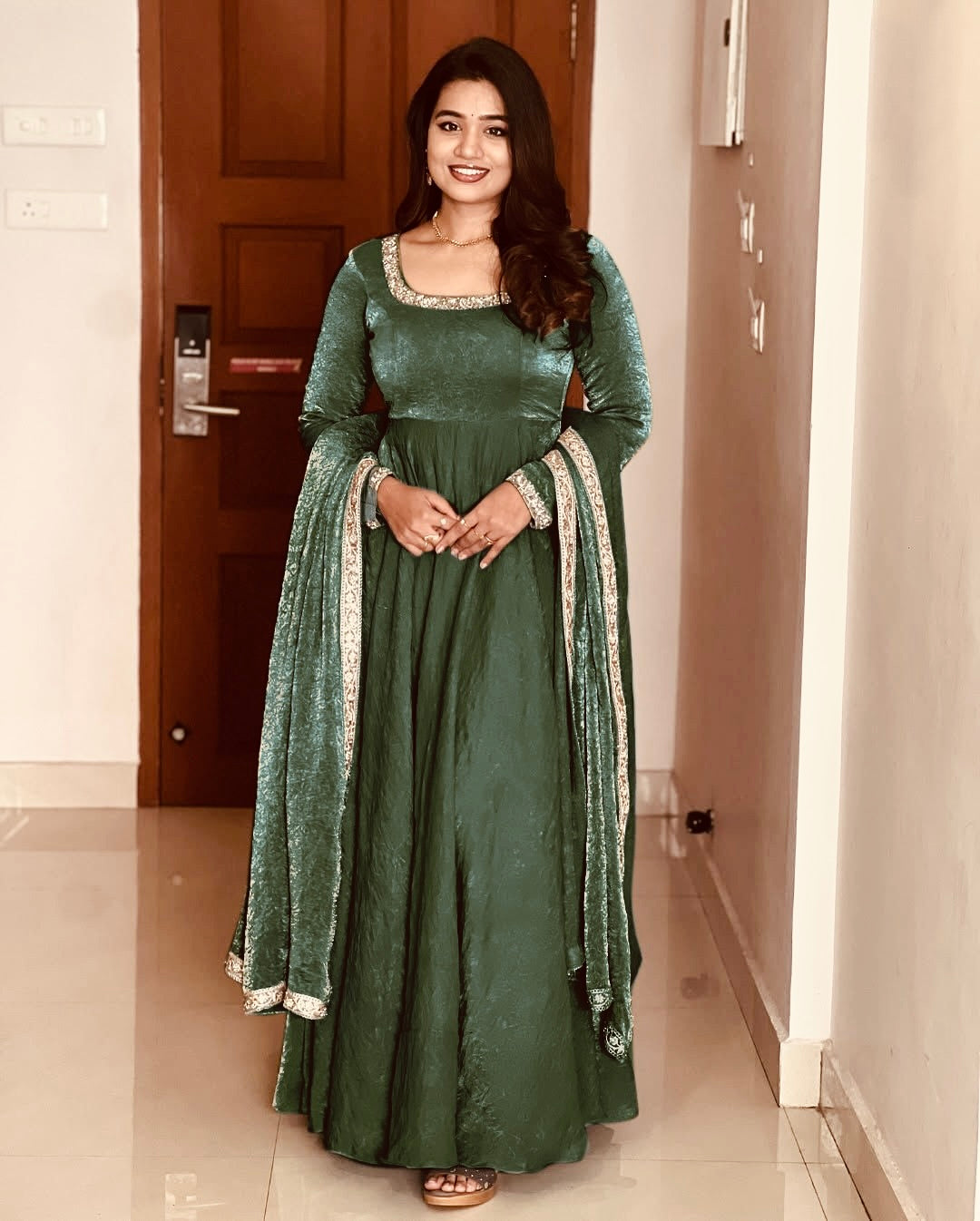 Gorgeous Fendi Silk Sequins Embroidered Fully Stitched Anarkali With Dupatta