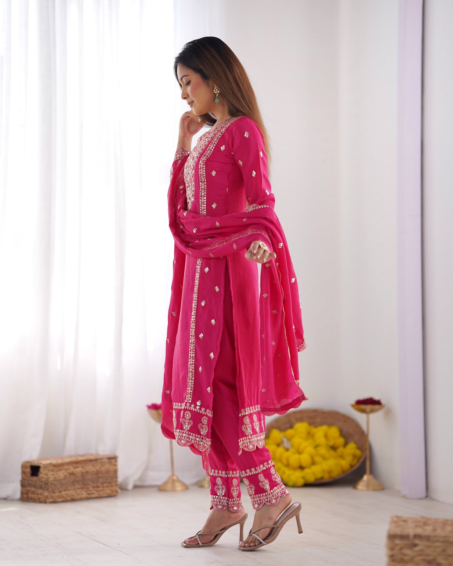 Spectacular Pink Chinon Silk Sequins Embroidered Straight Suit