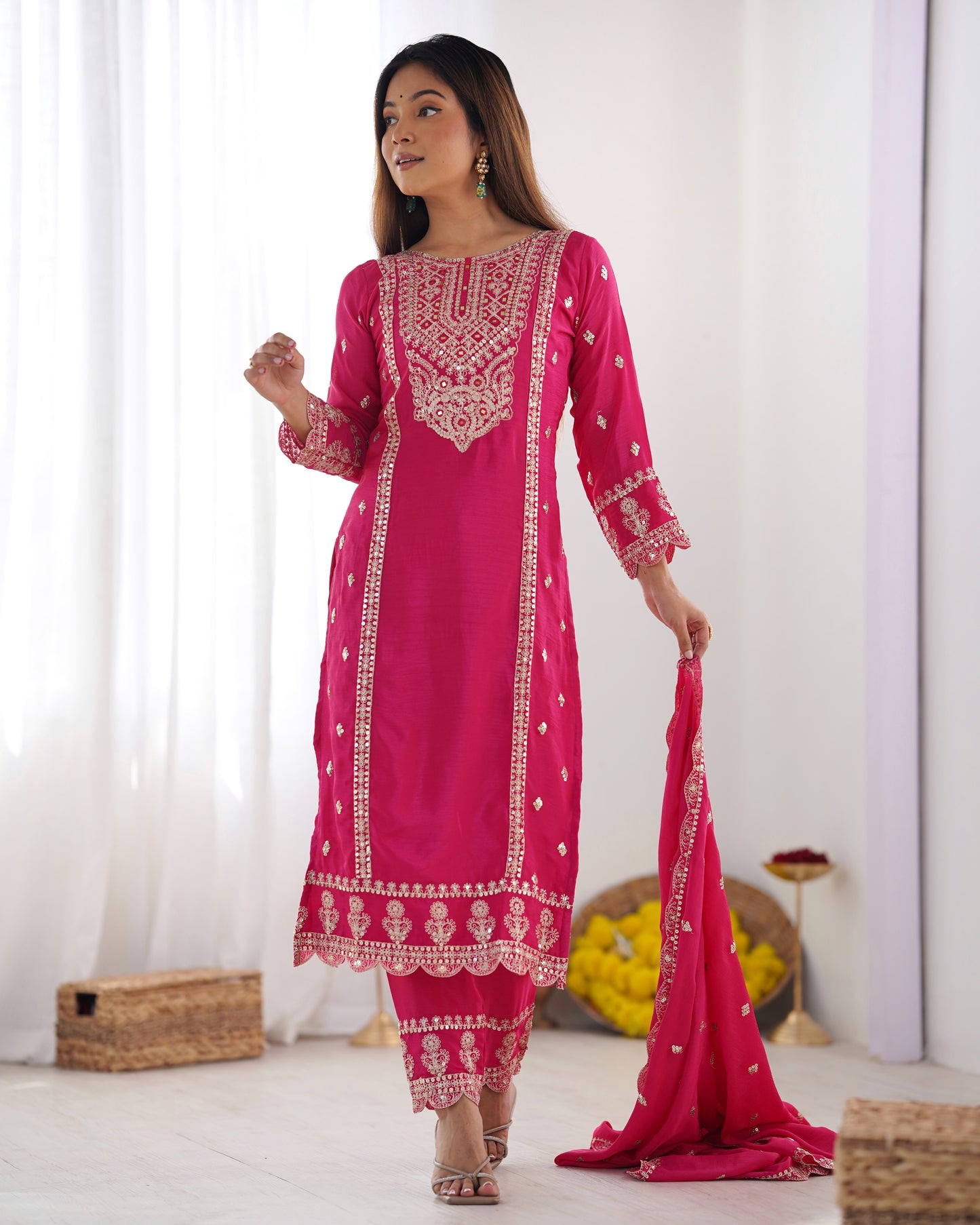 Spectacular Pink Chinon Silk Sequins Embroidered Straight Suit