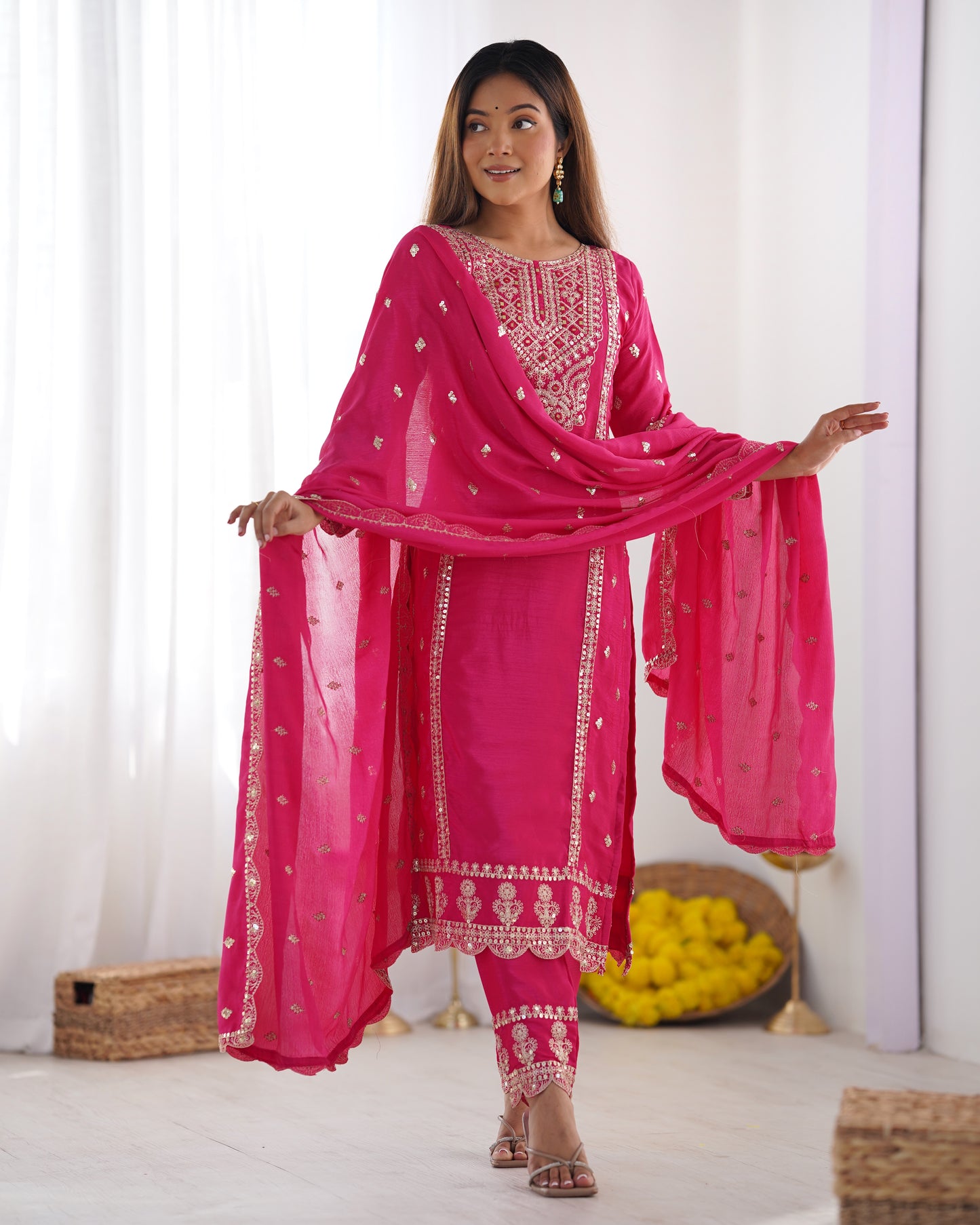 Spectacular Pink Chinon Silk Sequins Embroidered Straight Suit