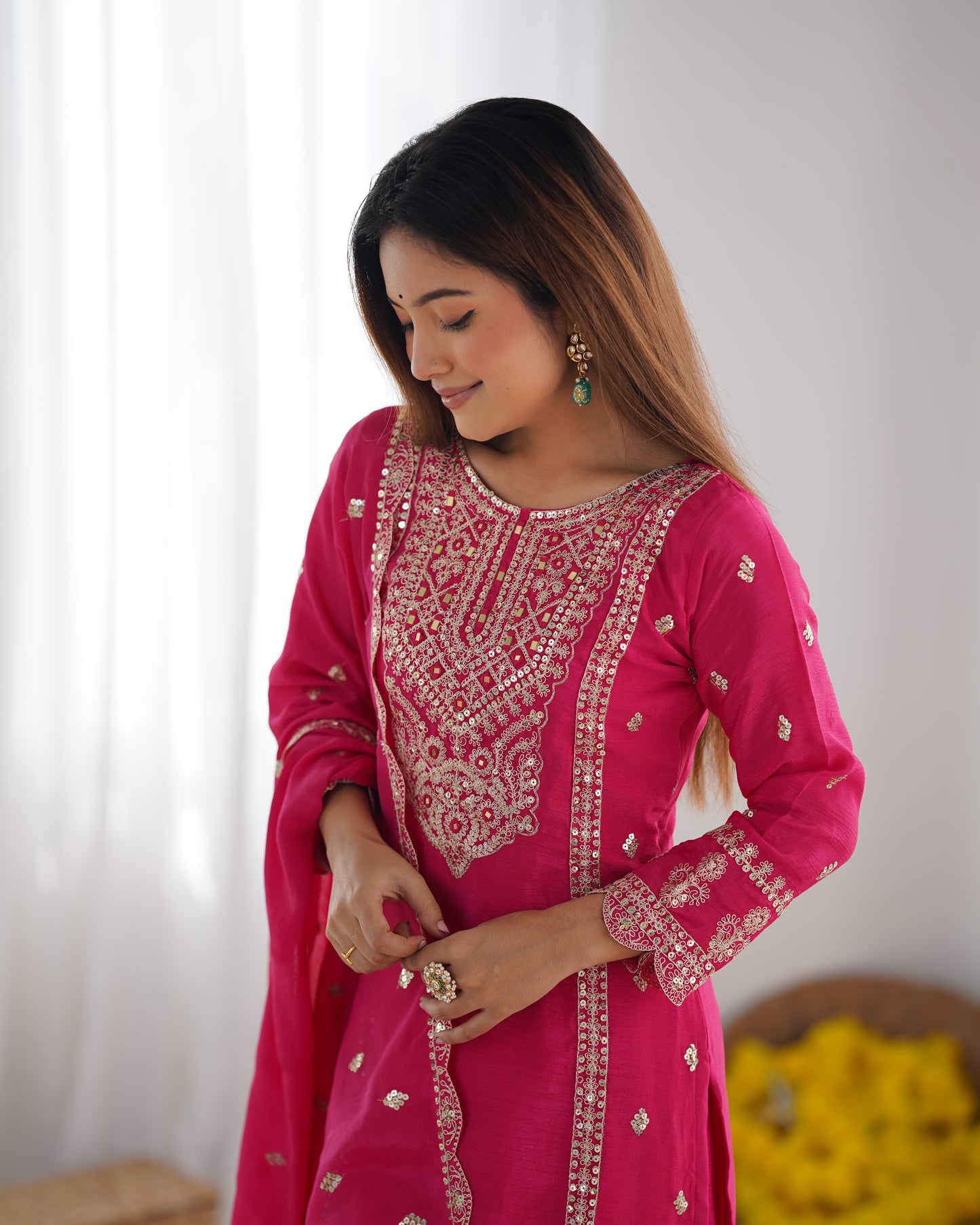 Spectacular Pink Chinon Silk Sequins Embroidered Straight Suit