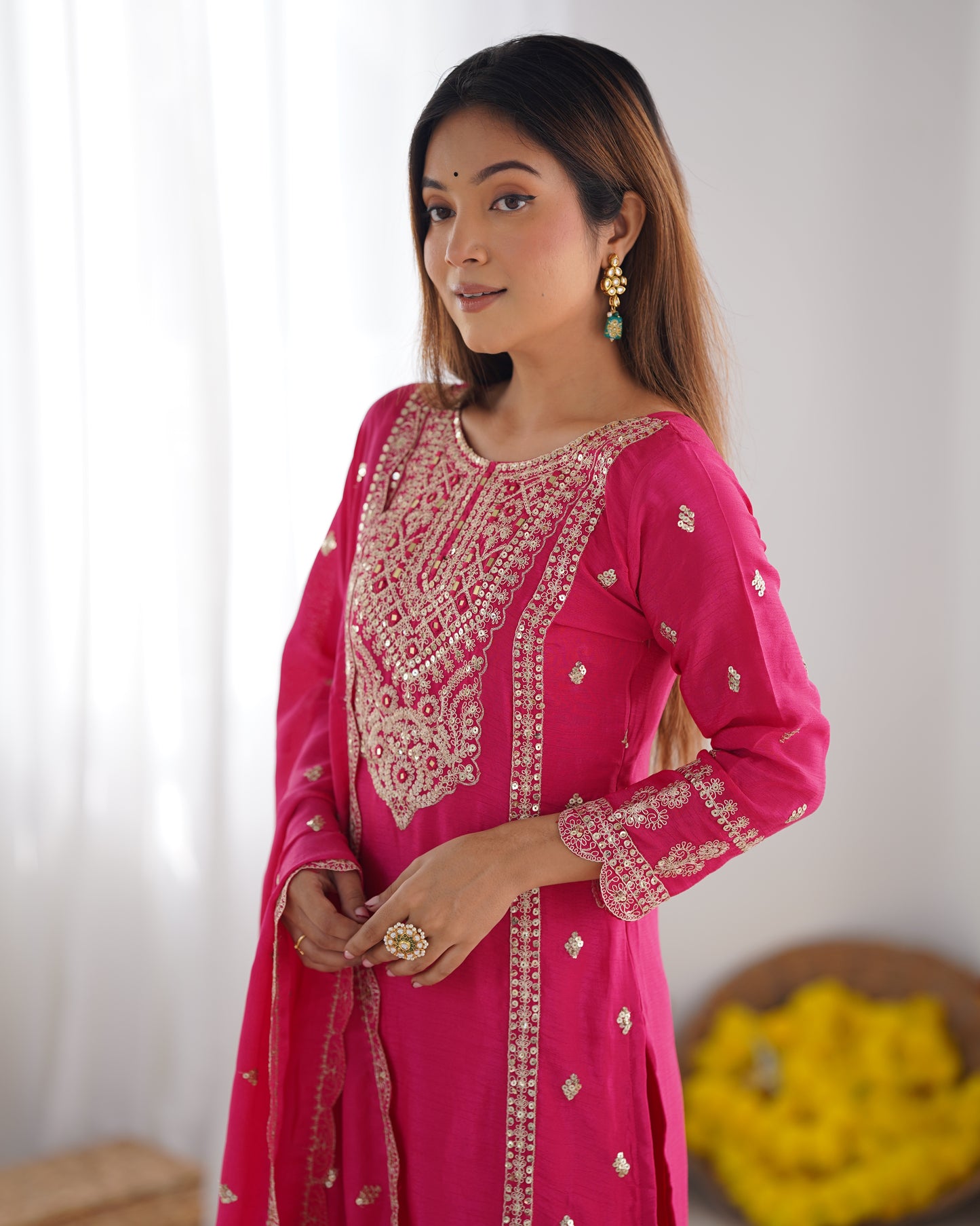 Spectacular Pink Chinon Silk Sequins Embroidered Straight Suit