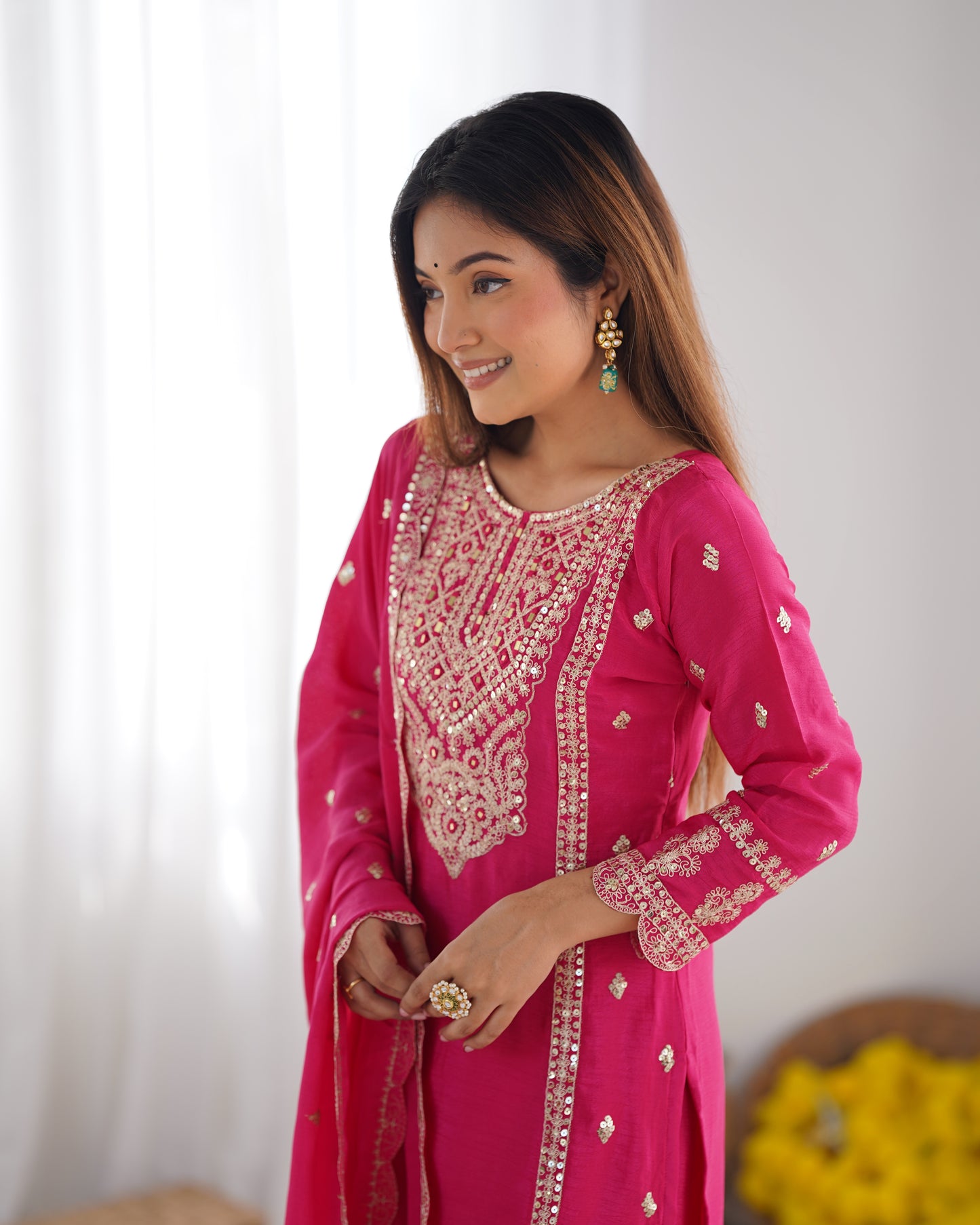 Spectacular Pink Chinon Silk Sequins Embroidered Straight Suit