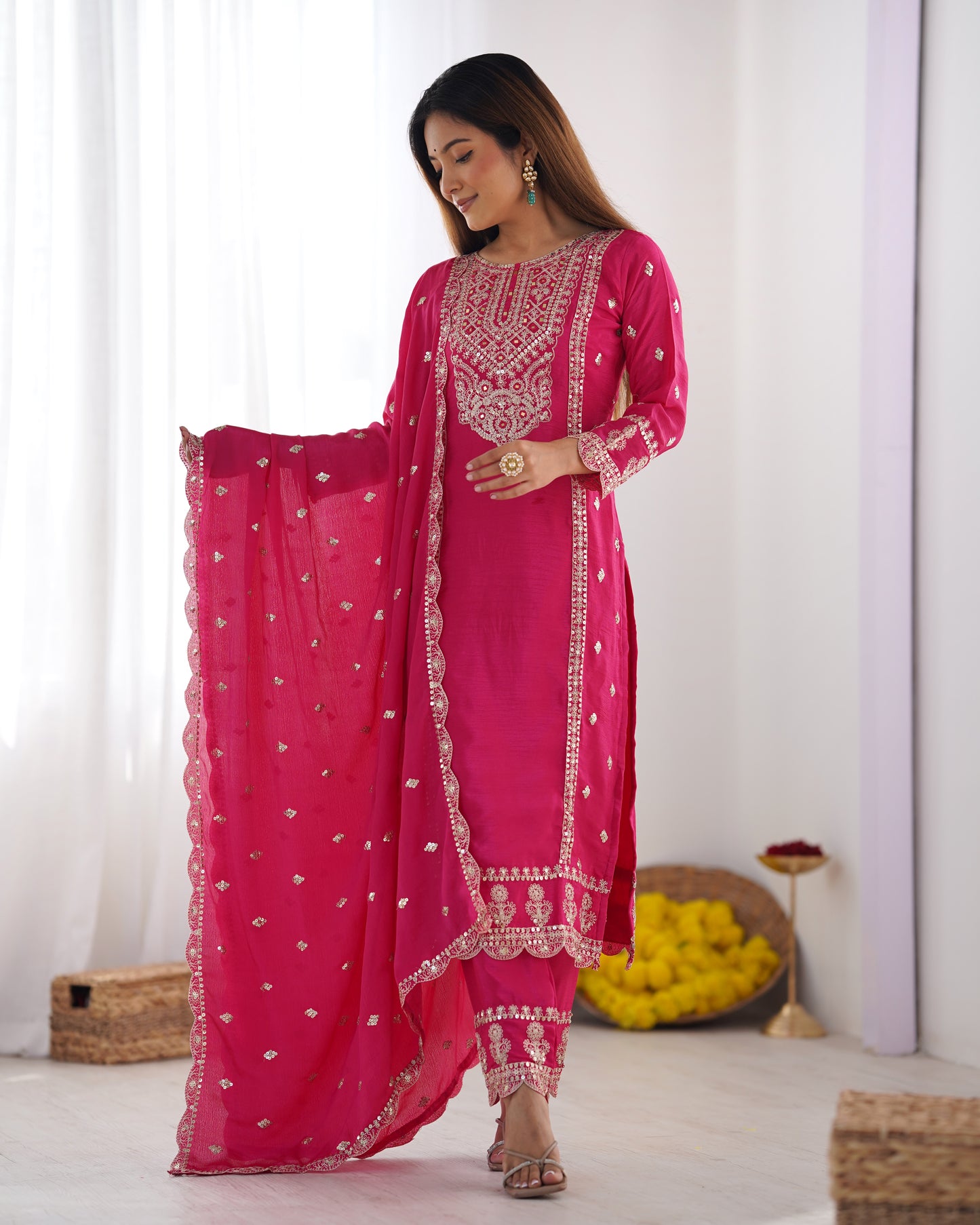 Spectacular Pink Chinon Silk Sequins Embroidered Straight Suit