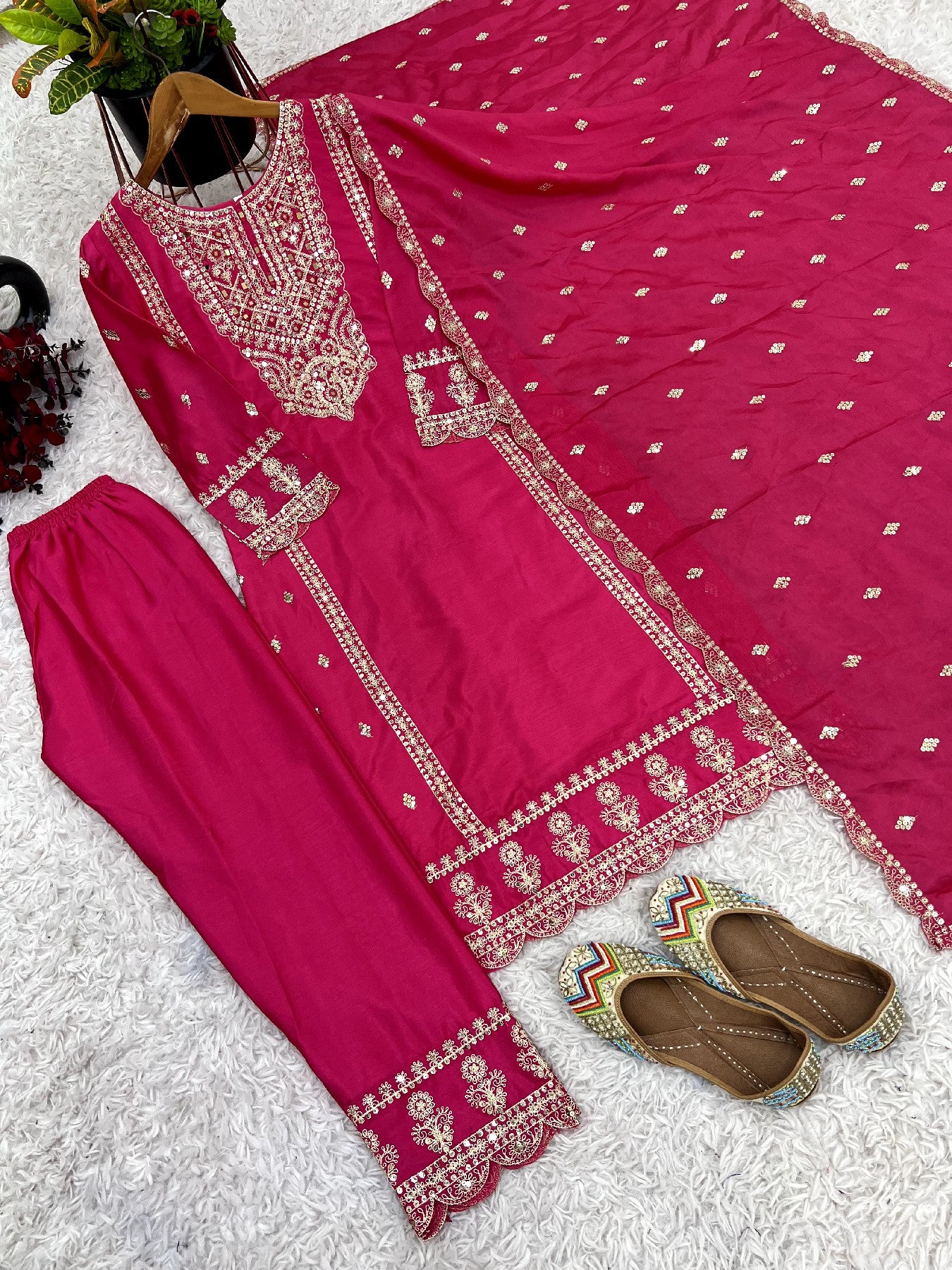 Spectacular Pink Chinon Silk Sequins Embroidered Straight Suit