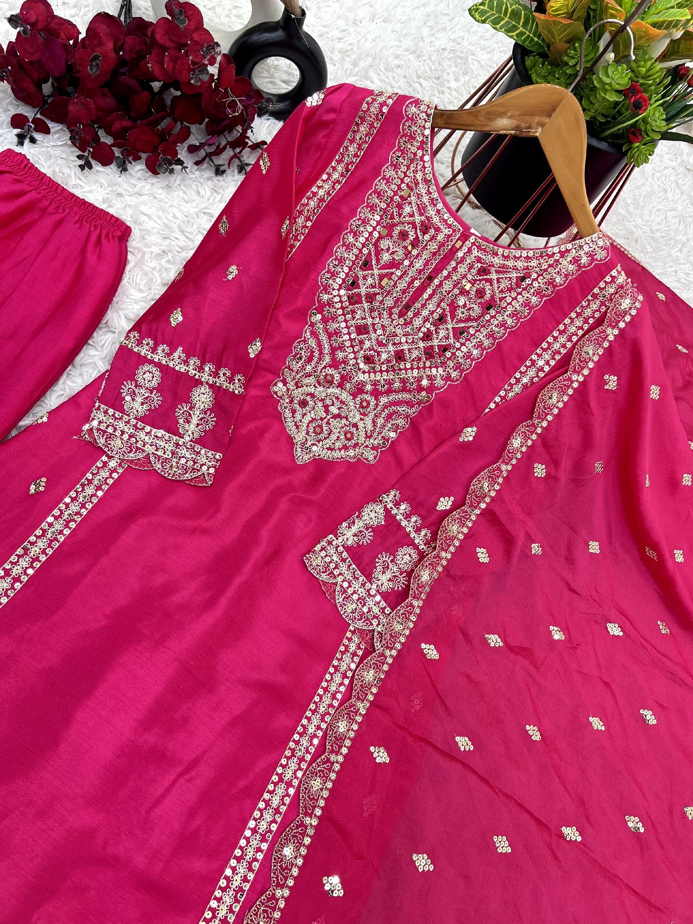 Spectacular Pink Chinon Silk Sequins Embroidered Straight Suit