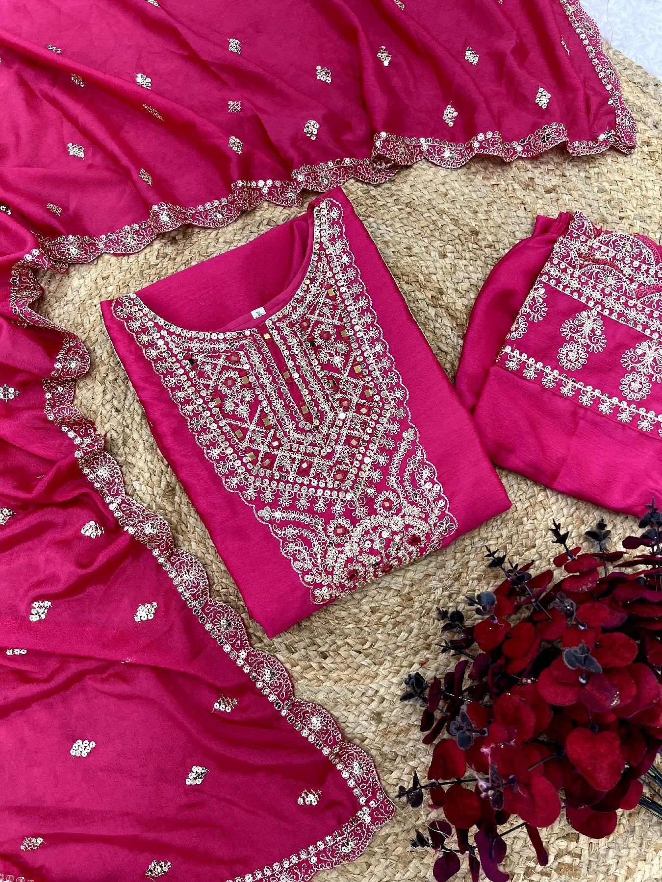 Spectacular Pink Chinon Silk Sequins Embroidered Straight Suit