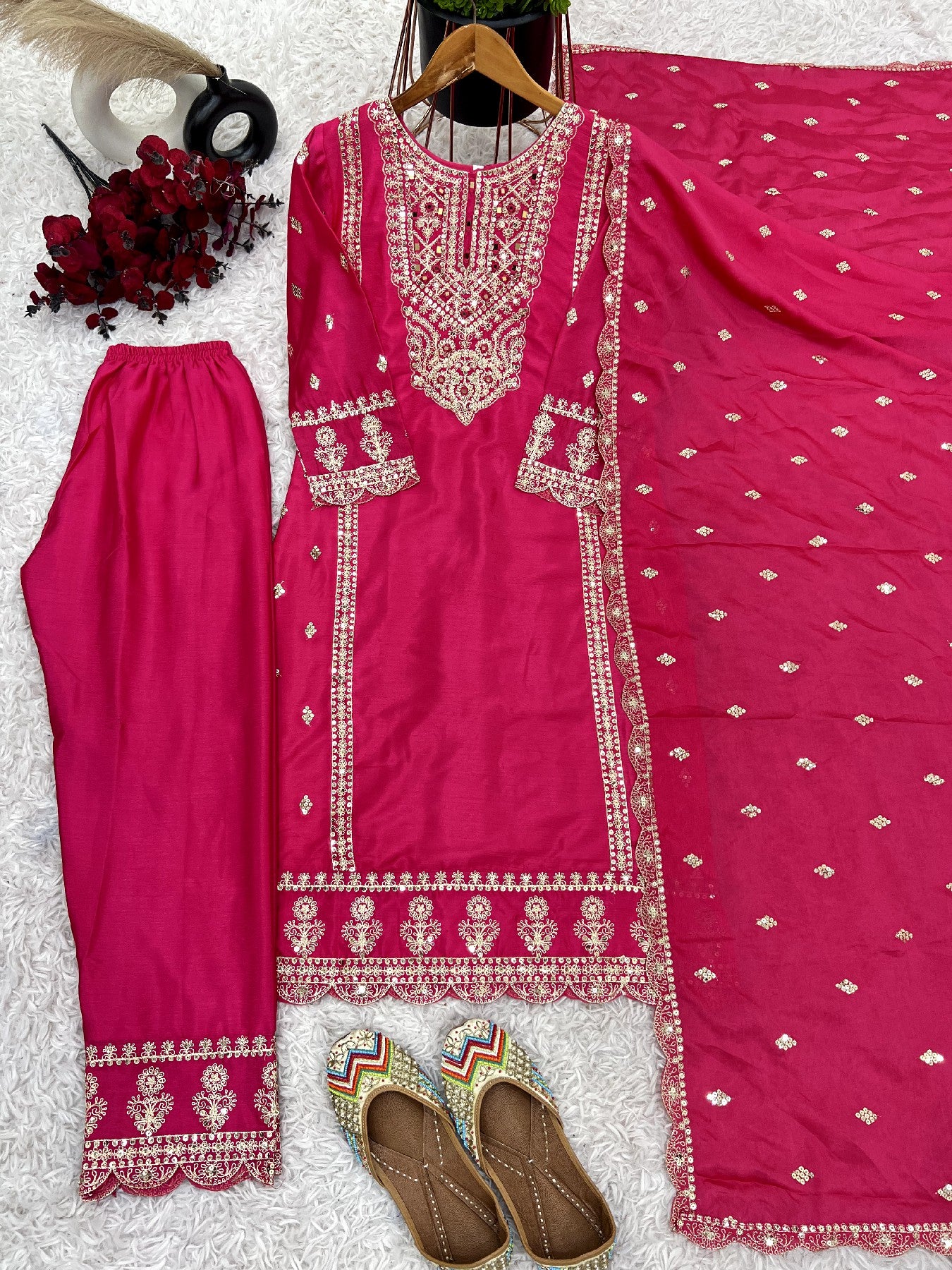 Spectacular Pink Chinon Silk Sequins Embroidered Straight Suit
