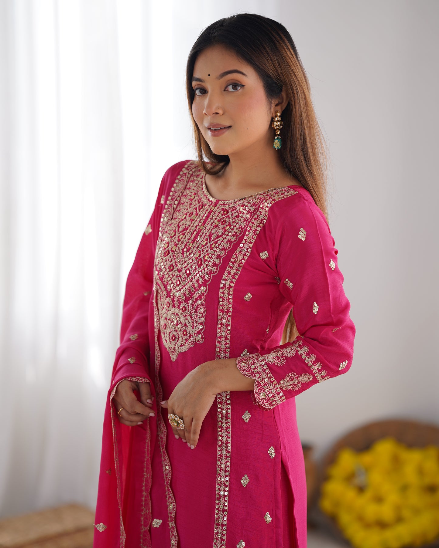 Spectacular Pink Chinon Silk Sequins Embroidered Straight Suit