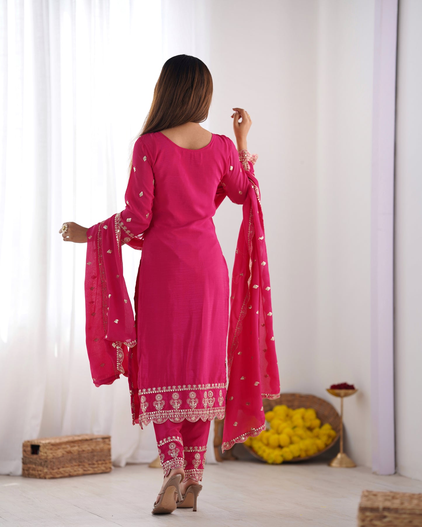 Spectacular Pink Chinon Silk Sequins Embroidered Straight Suit