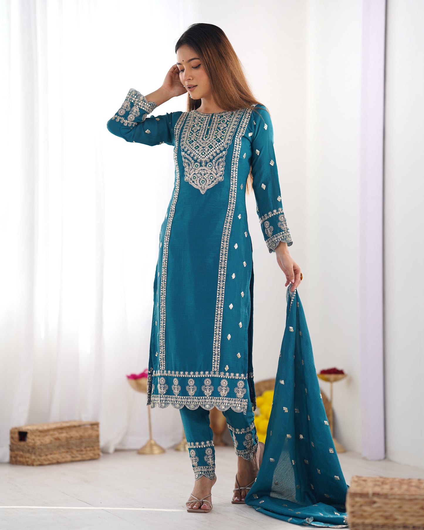 Enamoring Teal Blue Chinon Silk Sequins Embroidered Straight Suit