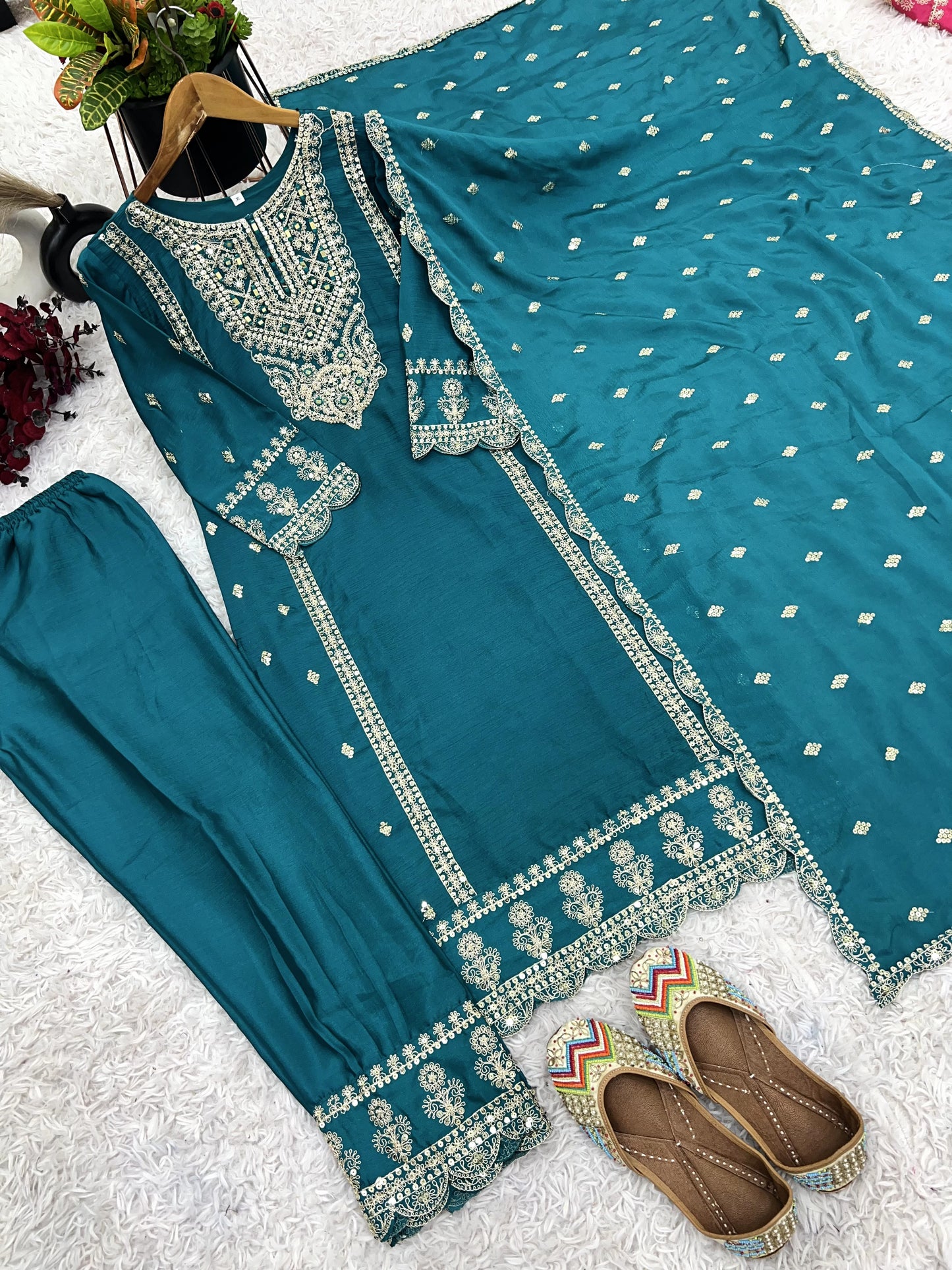Enamoring Teal Blue Chinon Silk Sequins Embroidered Straight Suit