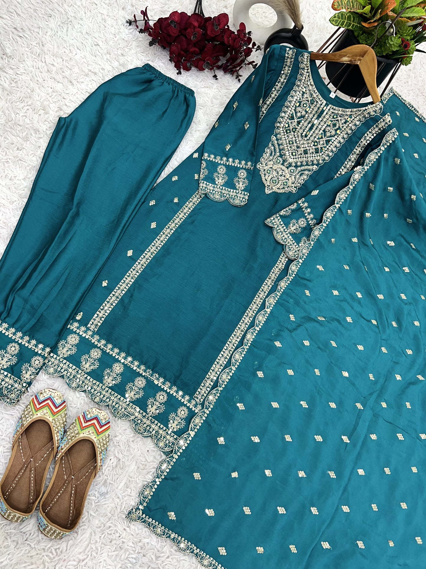 Enamoring Teal Blue Chinon Silk Sequins Embroidered Straight Suit