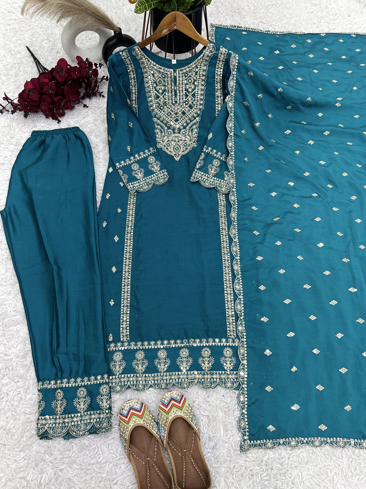 Enamoring Teal Blue Chinon Silk Sequins Embroidered Straight Suit