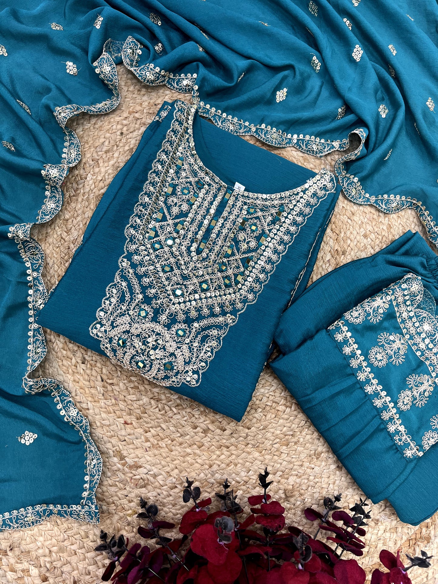 Enamoring Teal Blue Chinon Silk Sequins Embroidered Straight Suit