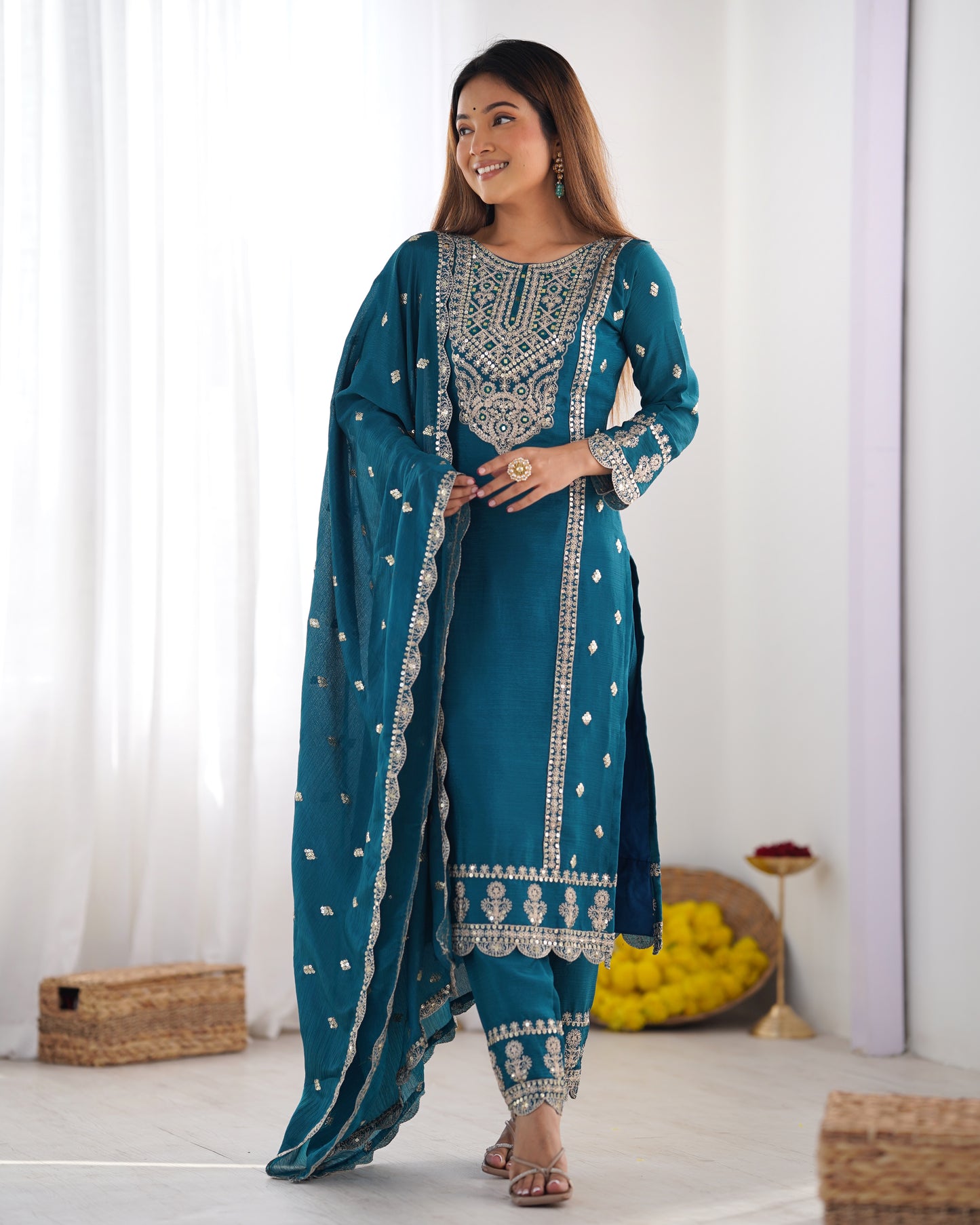 Enamoring Teal Blue Chinon Silk Sequins Embroidered Straight Suit