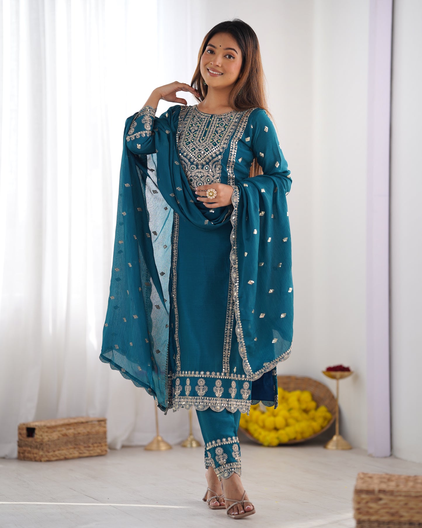 Enamoring Teal Blue Chinon Silk Sequins Embroidered Straight Suit